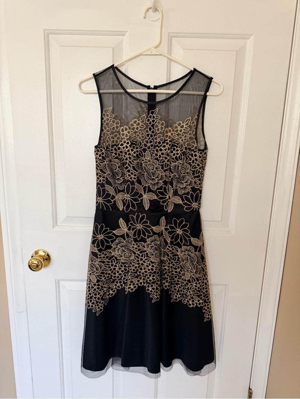 Tahari Black Midi Dress with Gold Floral Lace